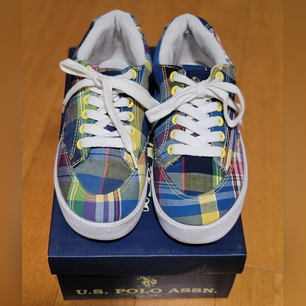 Blue and Yellow Plaid Sneakers with White Soles